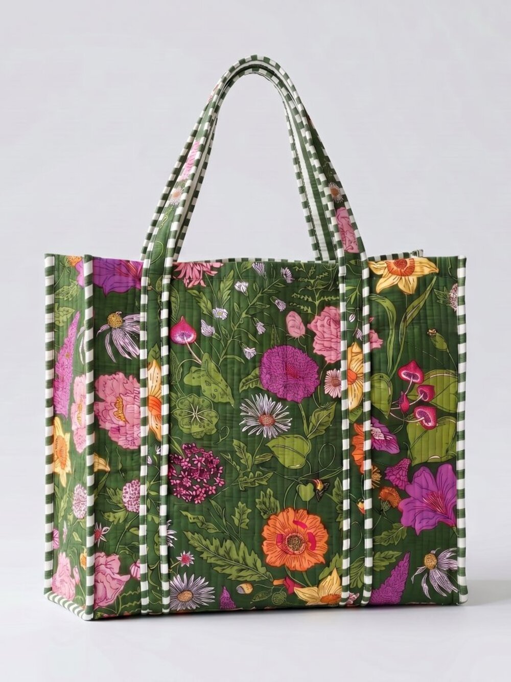 Floral Block Printed Tote Bag, Cotton Quilted Travel Bag, Eco Friendly Tote Bag